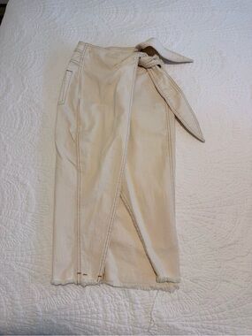 High-Rise Cream Wrap Midi Jeans with Tie Waist